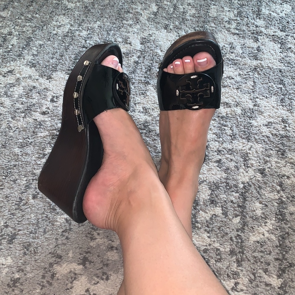 Tory Burch Black and Brown Wedge Sandals